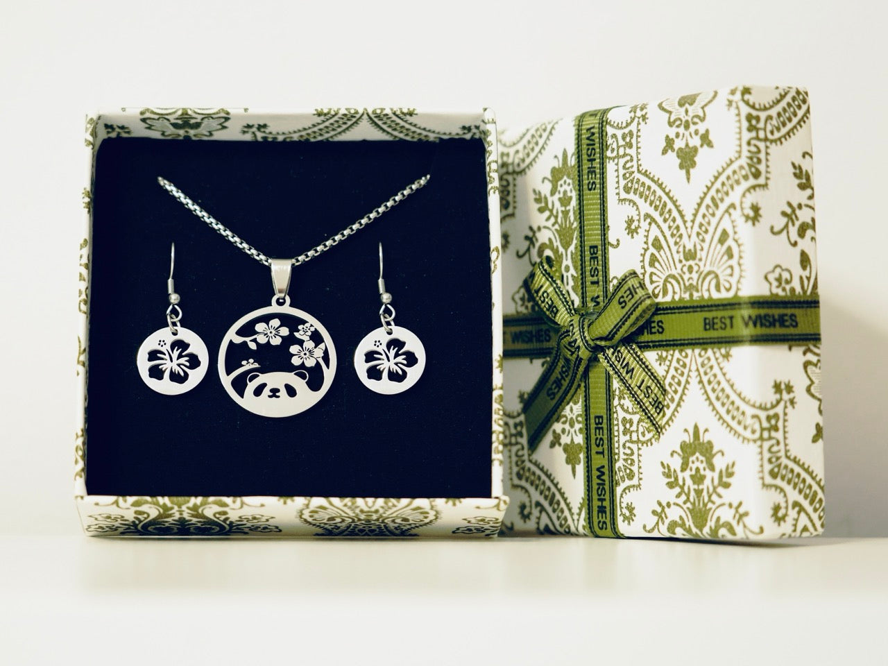 Sakura Cherry Blossom Panda Necklace and Earring Gift Set - Panda Design