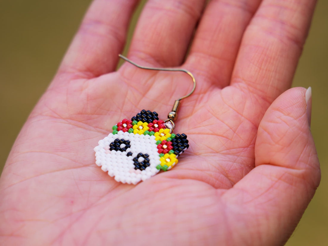 Handcrafted Elegance: Flower Crown Panda Bead Earrings by Youko