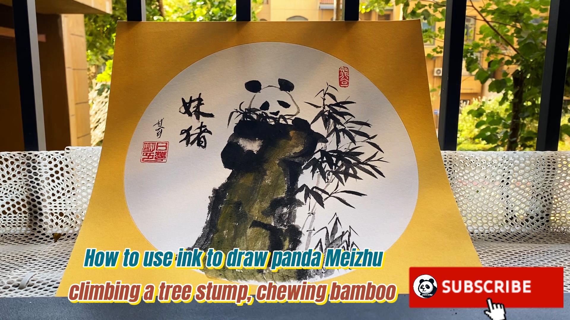 Ink Adventures: Drawing a Cute Panda Girl Pig Climbing a Tree Stump and Chewing Bamboo