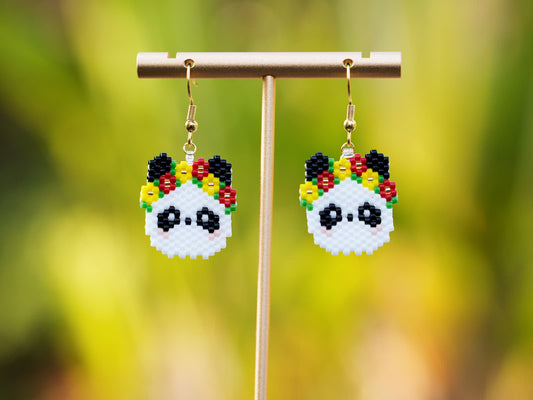 Handcrafted Bead Earrings - Flower Crown Panda