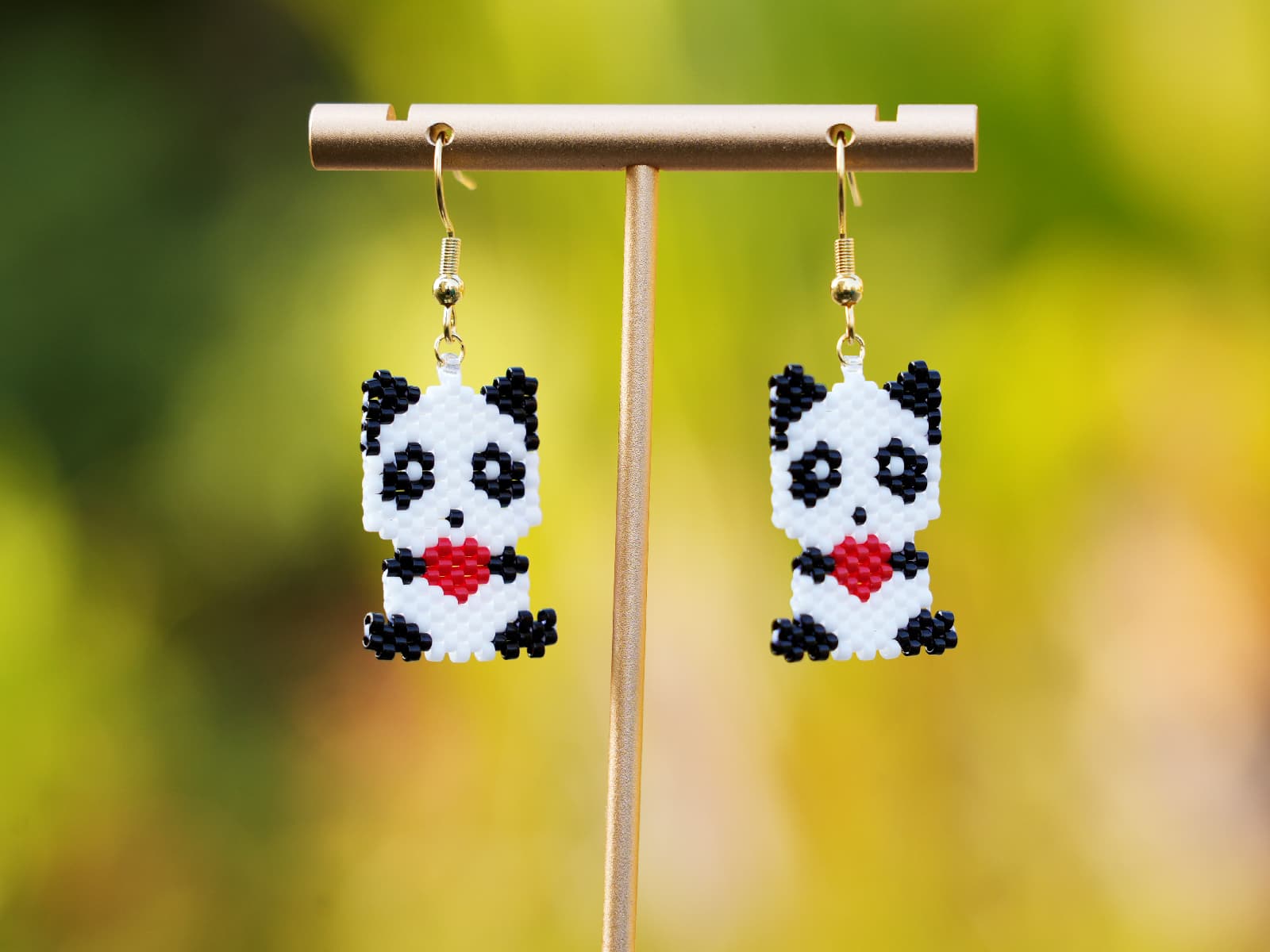 Handcrafted Bead Earrings - Heart Panda - Panda Design