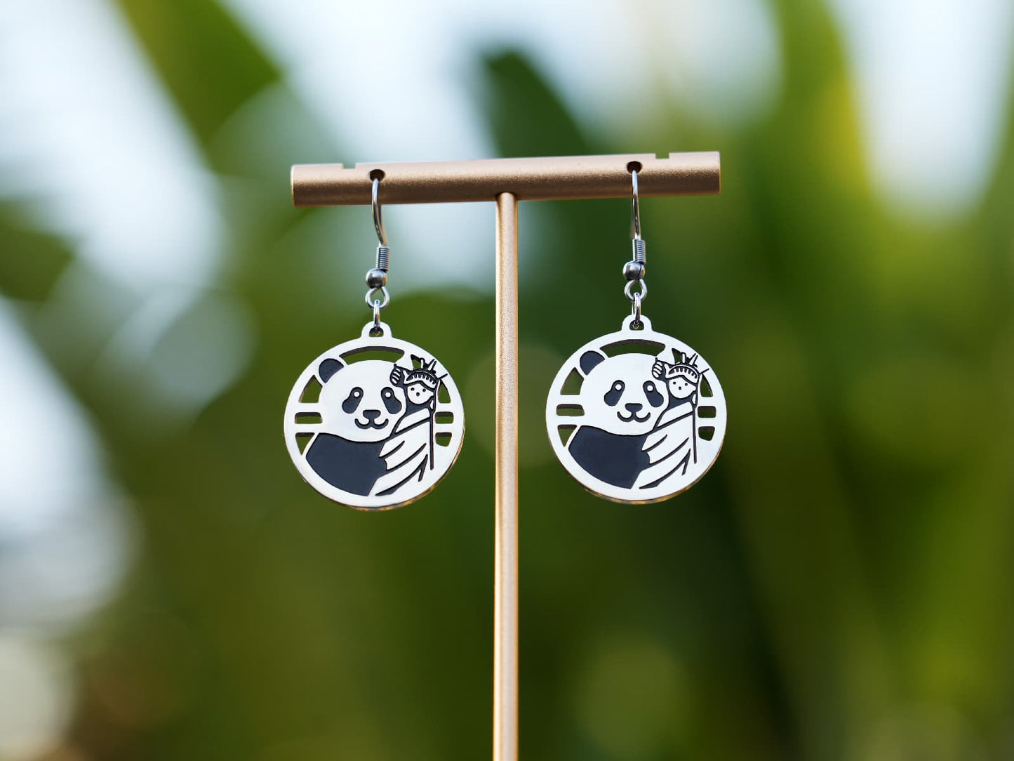 Hollow Panda Embracing the Statue of Liberty Earrings