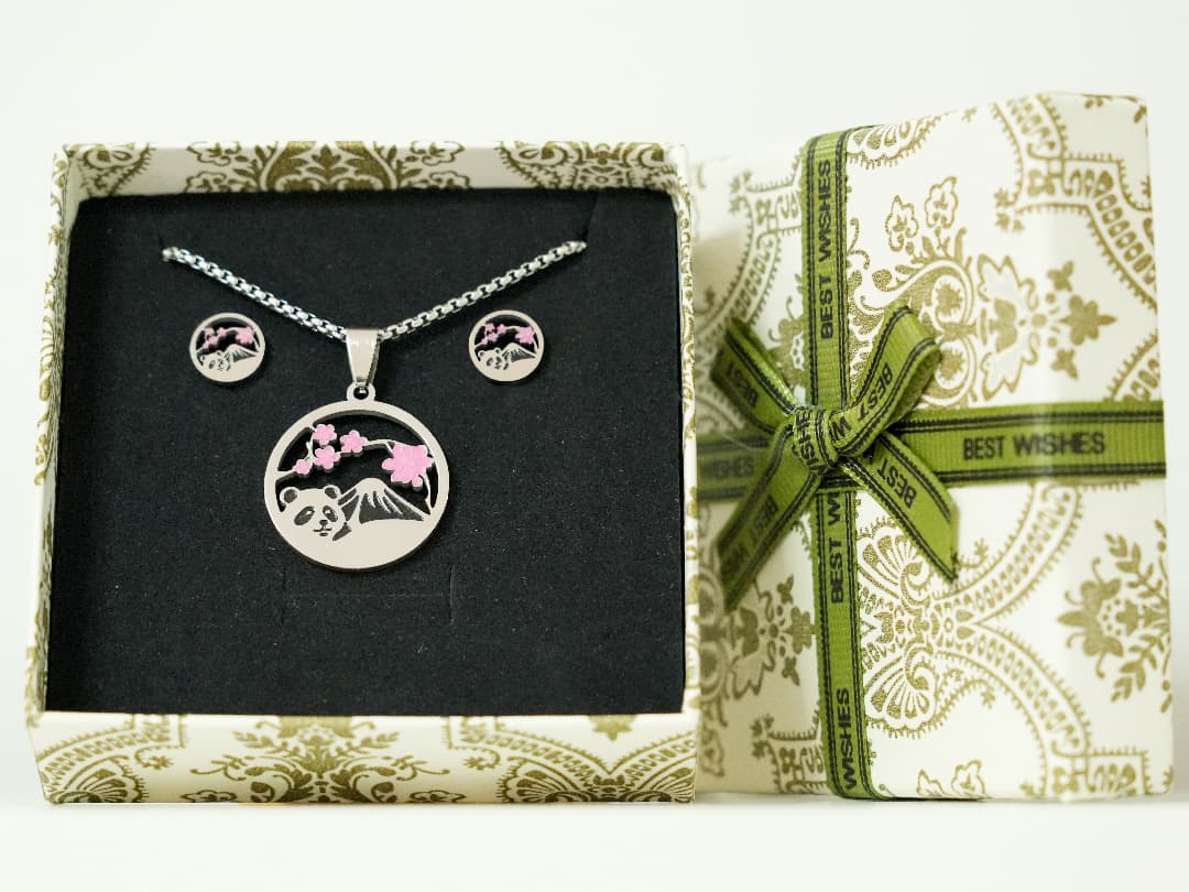 Mount Fuji Panda Necklace and Earring Gift Set - Panda Design