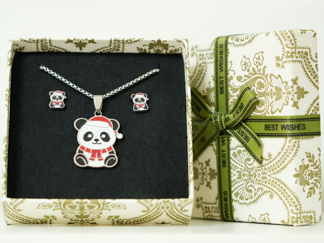 Christmas Red Riding Hood Panda Necklace and Earring Gift Set