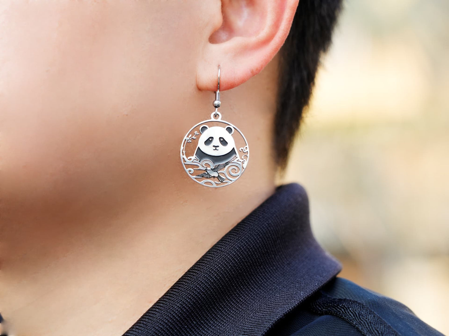 Hollow Panda and Celestial Bird Earring