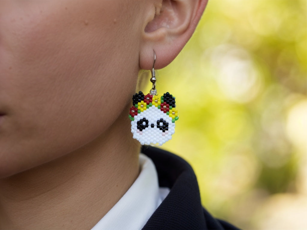 Handcrafted Bead Earrings - Flower Crown Panda - Panda Design