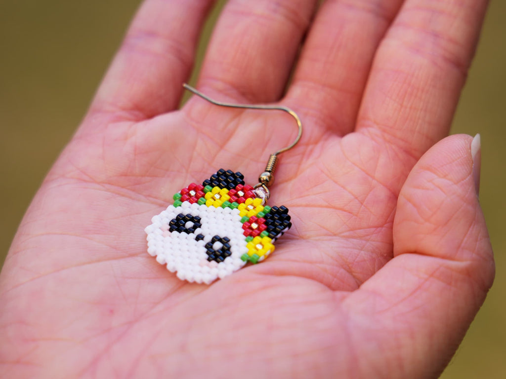 Handcrafted Bead Earrings - Flower Crown Panda - Panda Design