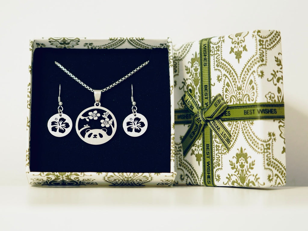 Sakura Cherry Blossom Panda Necklace and Earring Gift Set - Panda Design